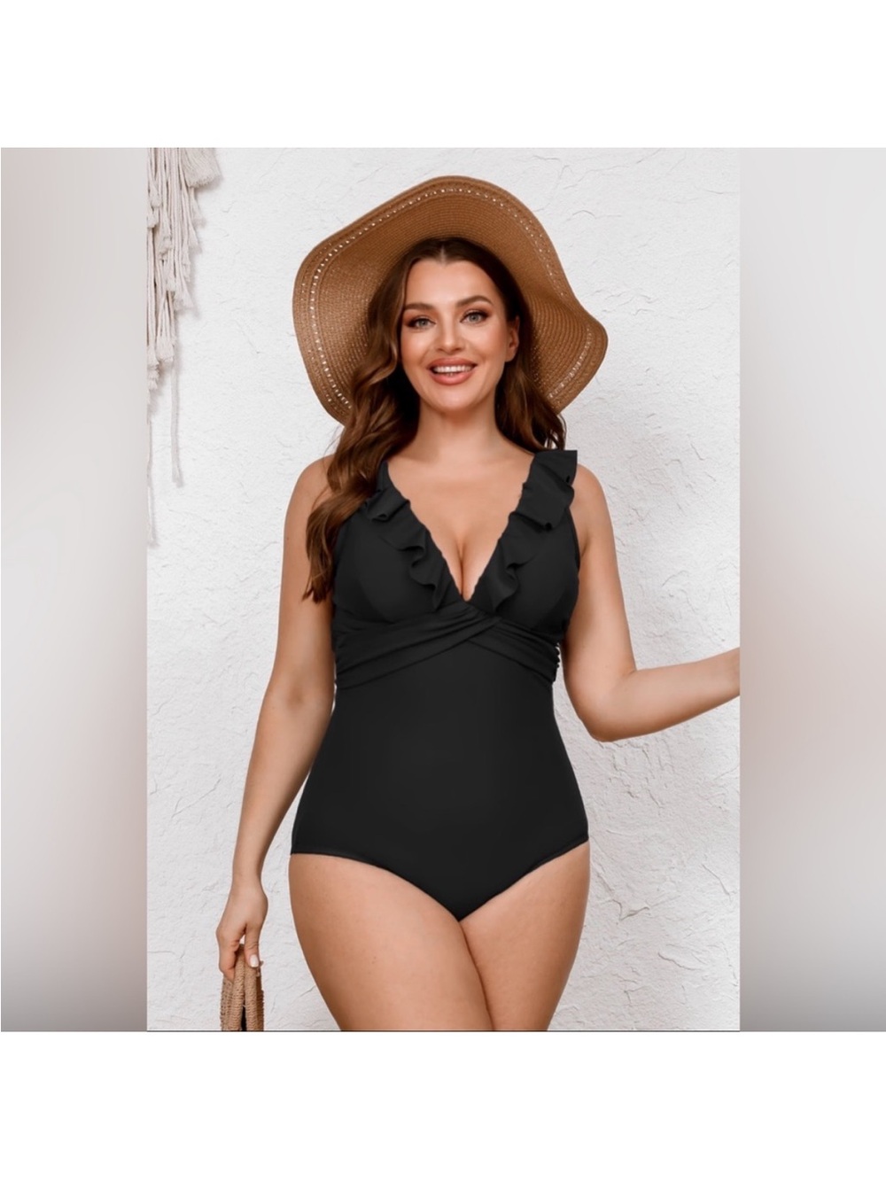 Black Ruffle V-Neck One-Piece Swimsuit - Women Swim